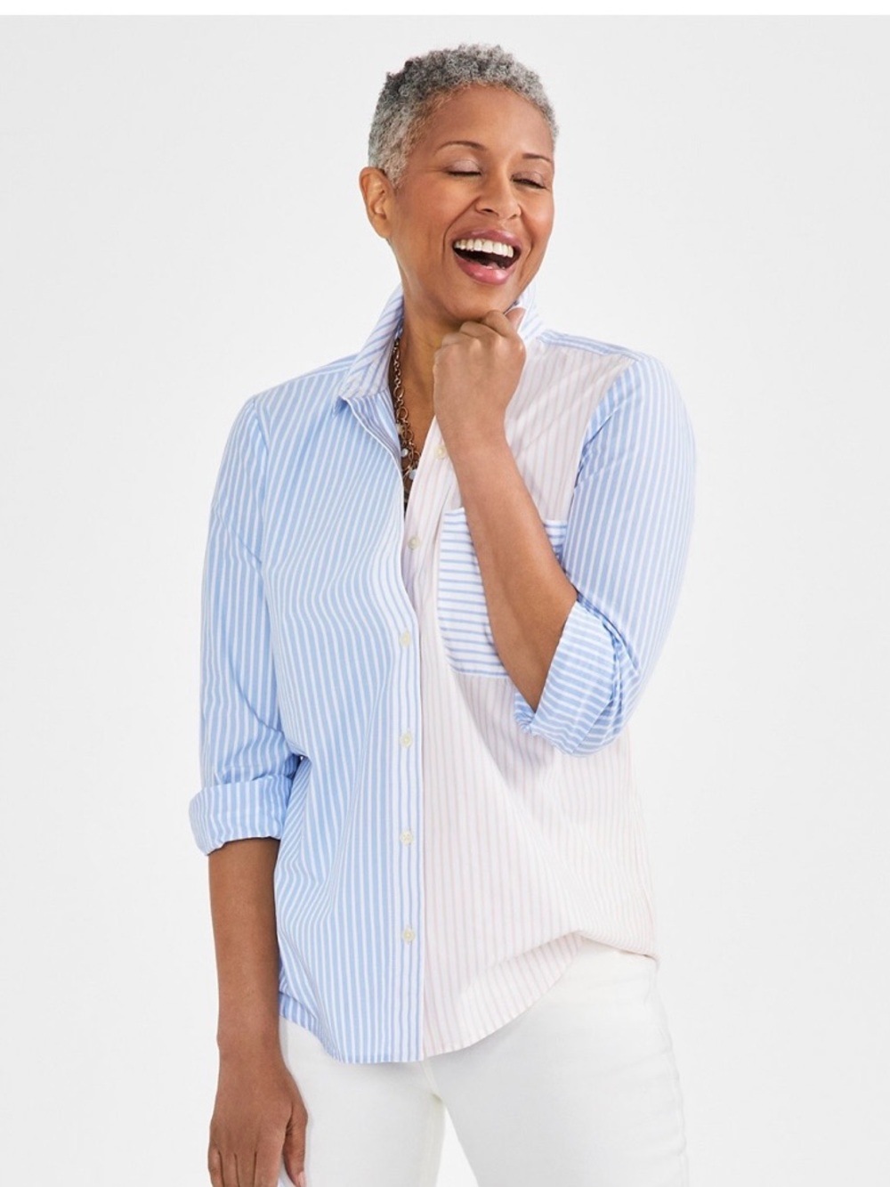Pastel Mixed Stripe 100% Cotton Button Front Shirt, Style & Co XL